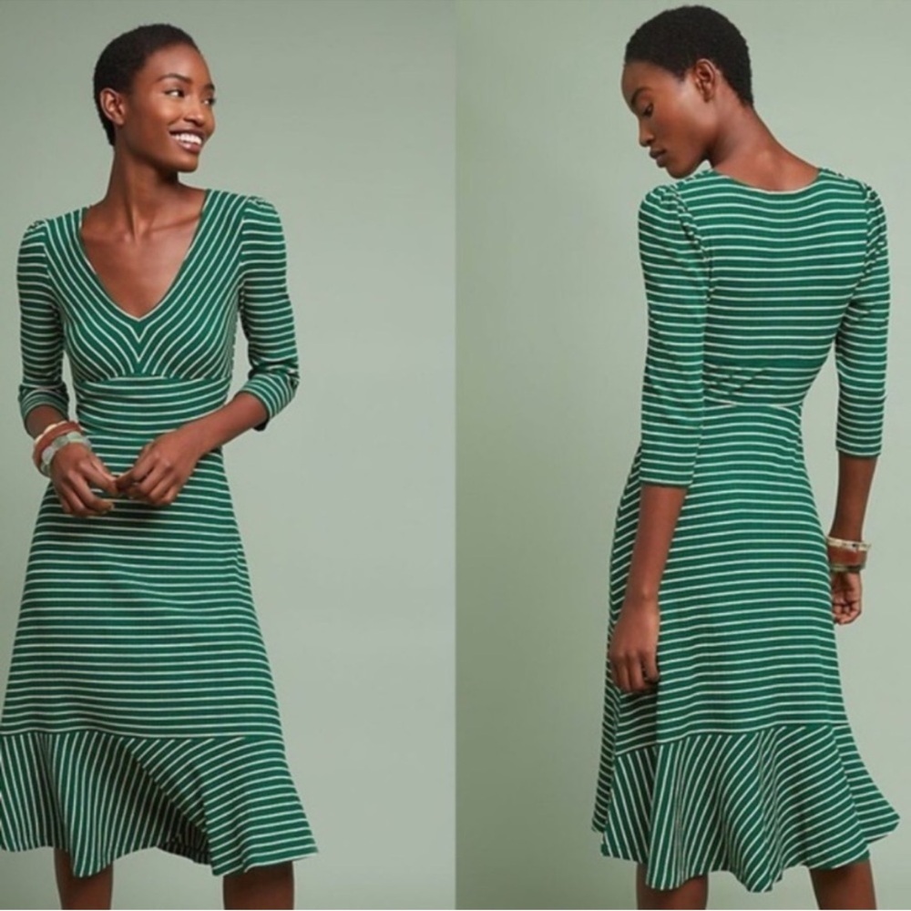Anthropologie Maeve Flores Green Stripe Rib Knit Midi Dress